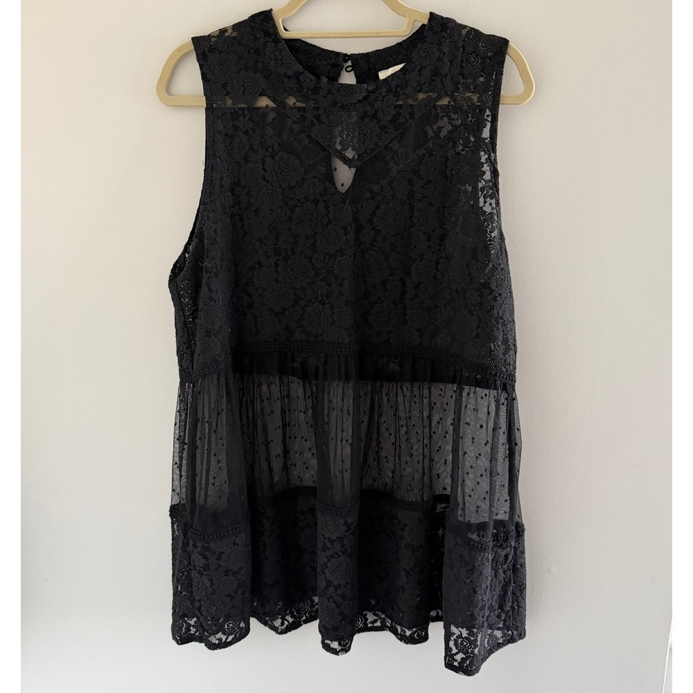 Umgee USA Black Lace Sheer Tiered Sleeveless Tunic Top Plus 1X Whimsygoth Witchy